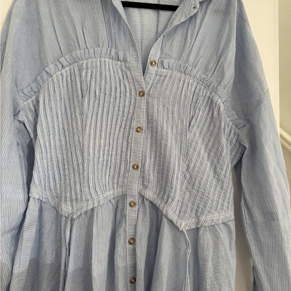 Pilcro Light Blue Pinstripe Peplum Button-Down Blouse - Picture 3 of 8